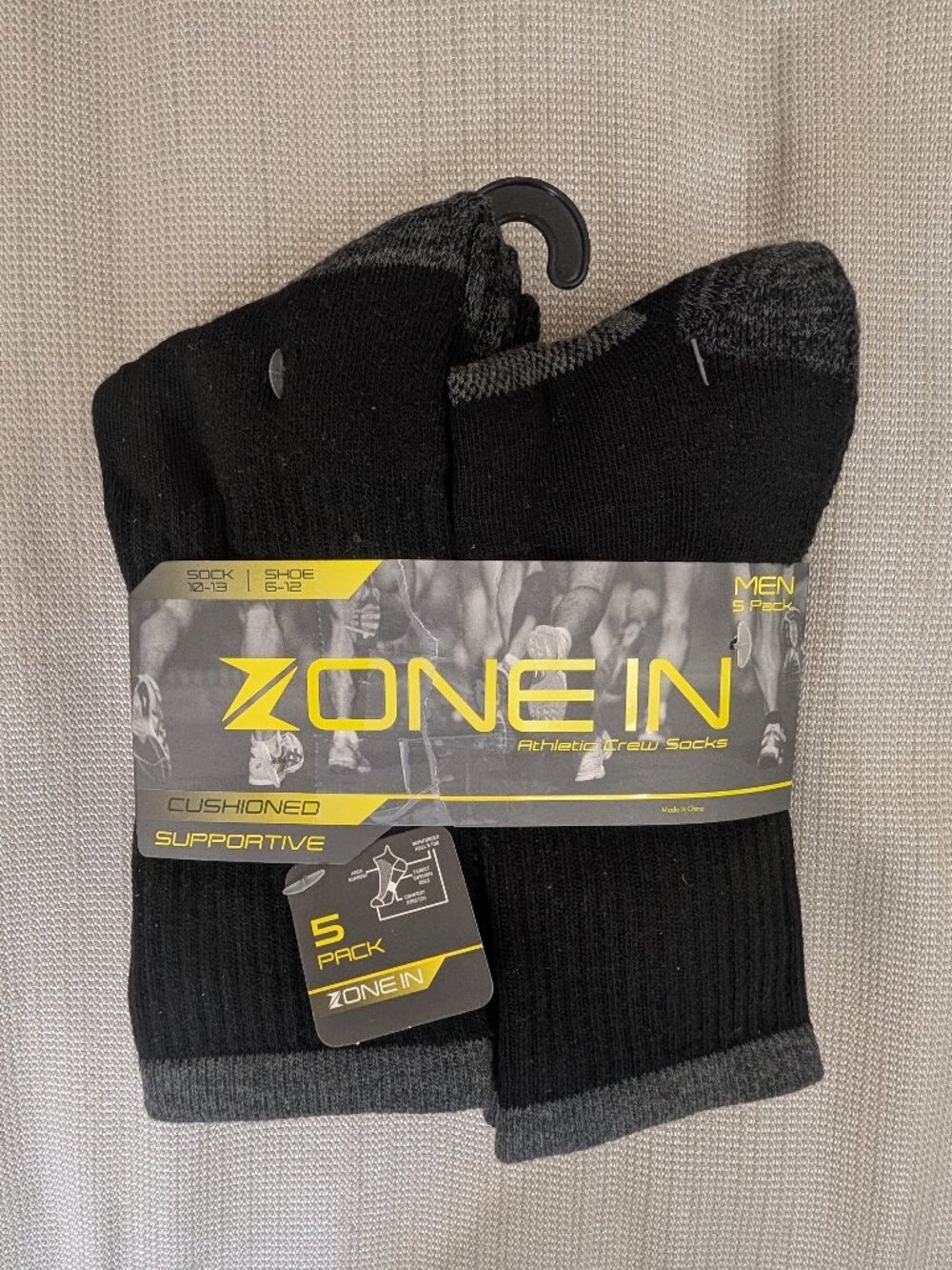 Zone In Mens 5 Pack Cushion Crew Athletic Performance black Socks 10-13